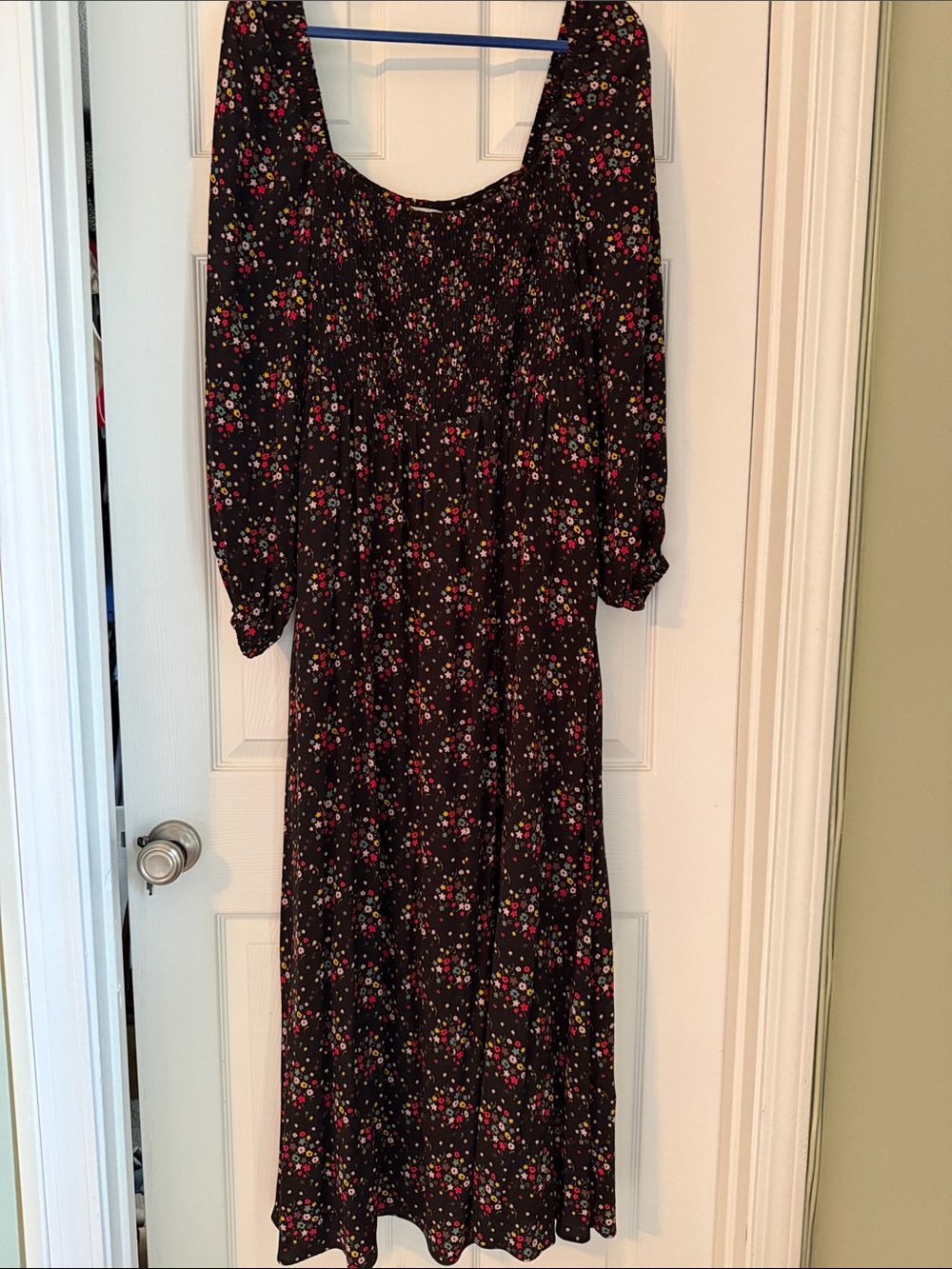 Boden Black Floral Smocked Square Neck Maxi Dress